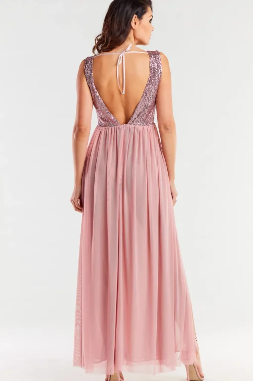 Elegancka sukienka maxi z rozcięciem - różowa