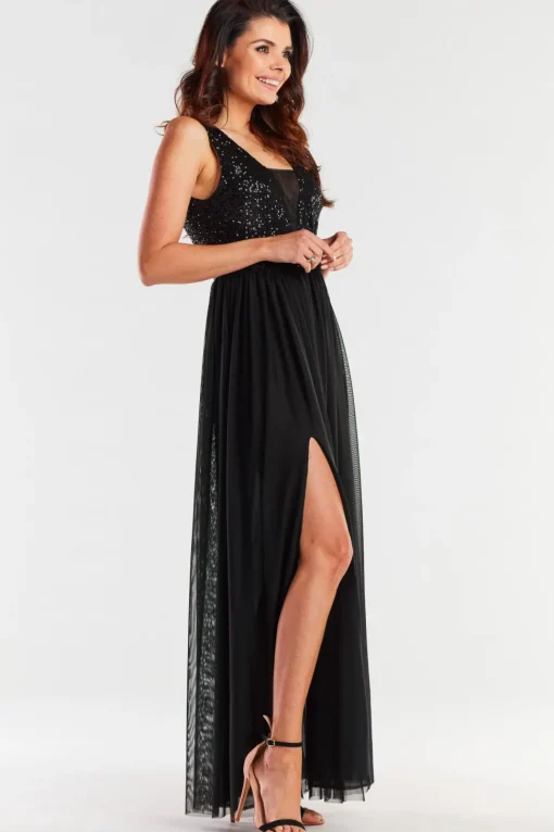 Elegancka sukienka maxi z rozcięciem - czarna
