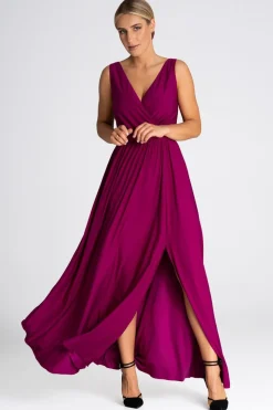 Elegancka sukienka maxi z dekoltem V - fuksja