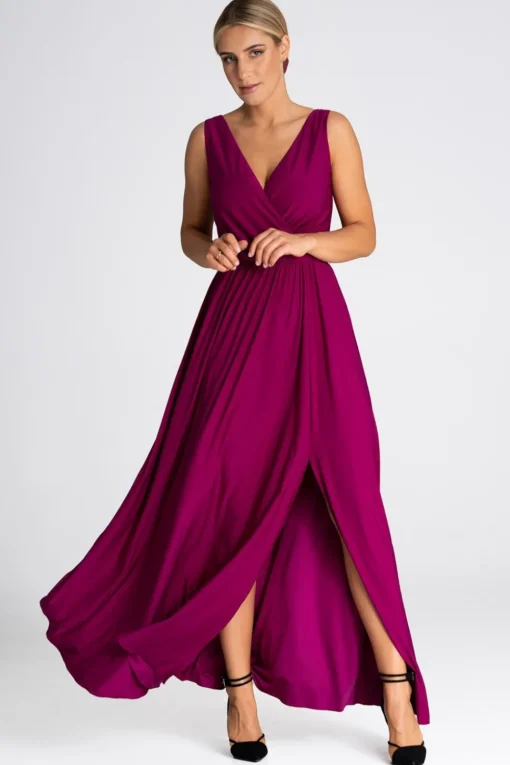 Elegancka sukienka maxi z dekoltem V - fuksja