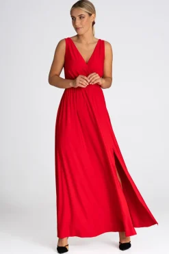Elegancka sukienka maxi z dekoltem V - czerwona