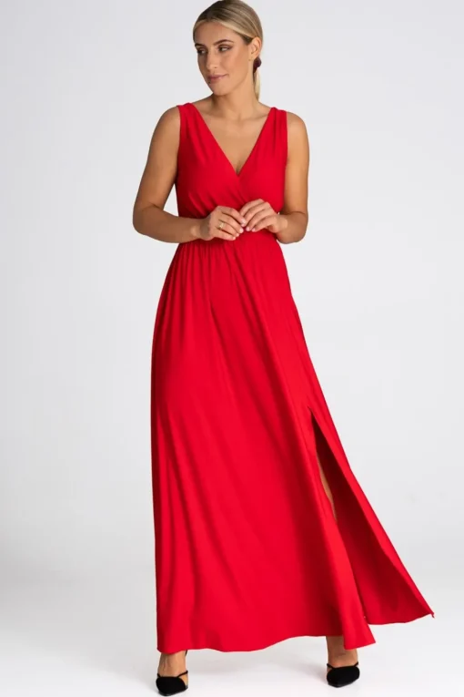 Elegancka sukienka maxi z dekoltem V - czerwona