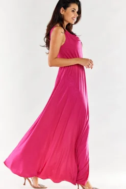 Elegancka sukienka maxi z rozcięciem - fuksja