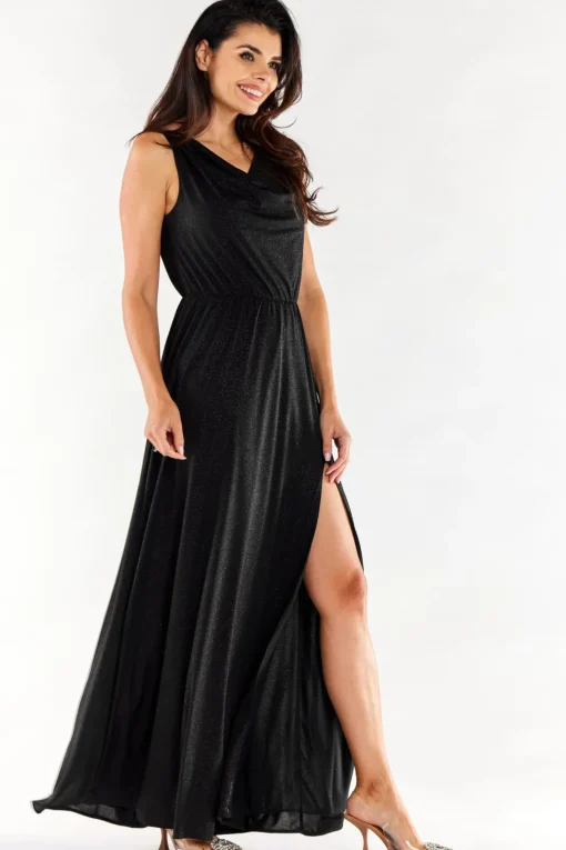 Elegancka sukienka maxi z rozcięciem - czarna