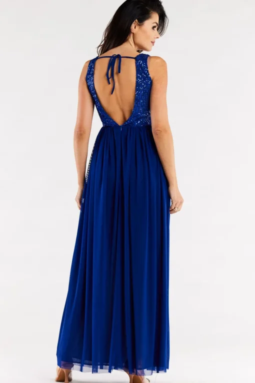 Elegancka sukienka maxi z rozcięciem - niebieska
