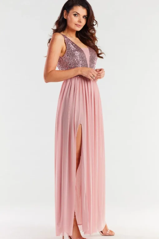 Elegancka sukienka maxi z rozcięciem - różowa