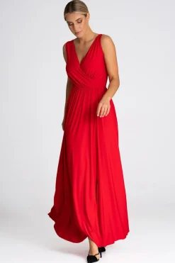 Elegancka sukienka maxi z dekoltem V - czerwona