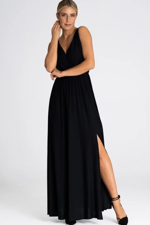 Elegancka sukienka maxi z dekoltem V - czarna