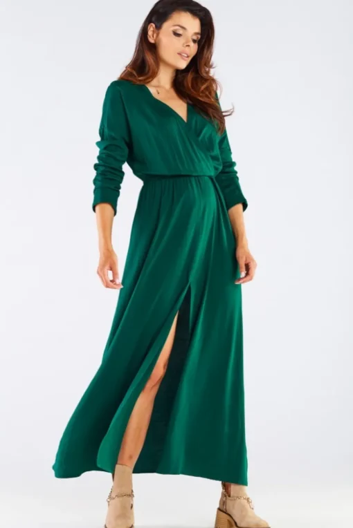 Elegancka sukienka maxi z rozcięciem - zielona