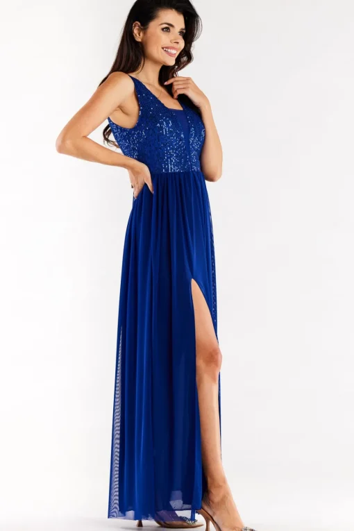 Elegancka sukienka maxi z rozcięciem - niebieska