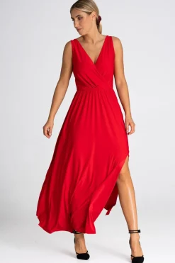 Elegancka sukienka maxi z dekoltem V - czerwona