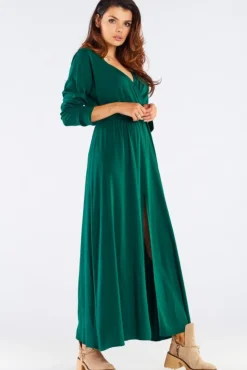 Elegancka sukienka maxi z rozcięciem - zielona