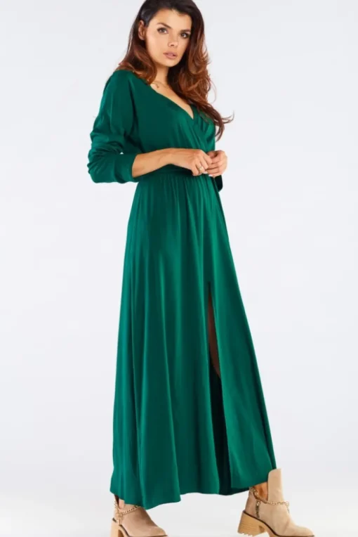 Elegancka sukienka maxi z rozcięciem - zielona