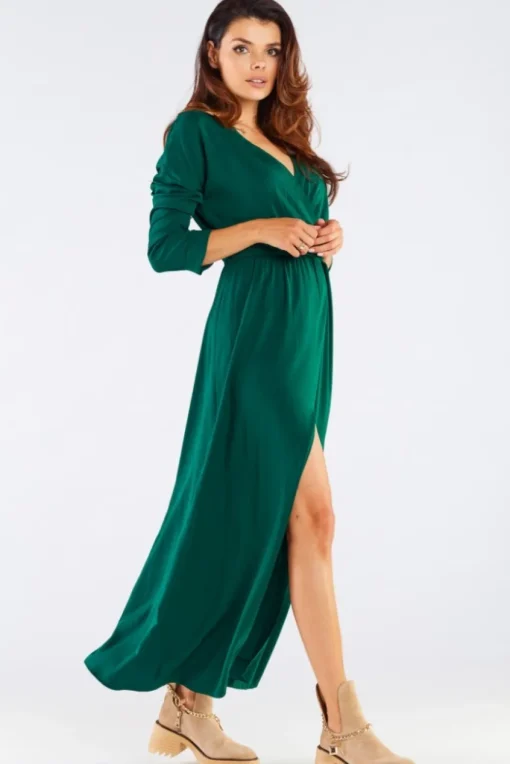 Elegancka sukienka maxi z rozcięciem - zielona