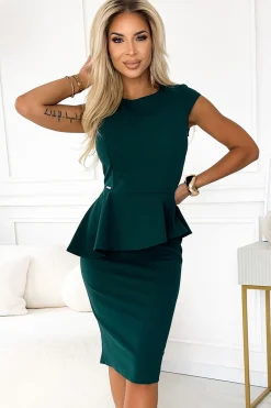 Elegancka sukienka midi z baskinką - butelkowa zieleń