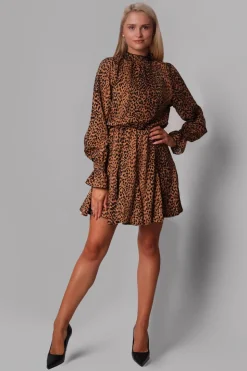 Elegancka sukienka mini w panterkę - kamelowa