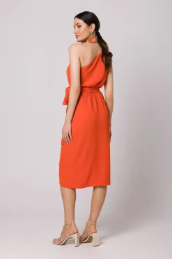 Elegancka sukienka na jedno ramię - koralowa