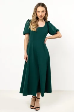 Elegancka sukienka rozkloszowana - butelkowa zieleń