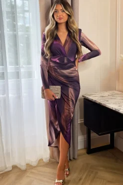 Elegancka sukienka z drapowaniem - śliwkowa