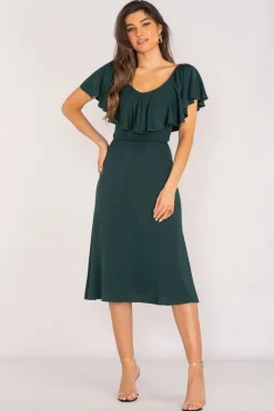 Elegancka sukienka z falbanką - butelkowa zieleń