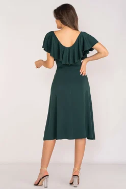 Elegancka sukienka z falbanką - butelkowa zieleń
