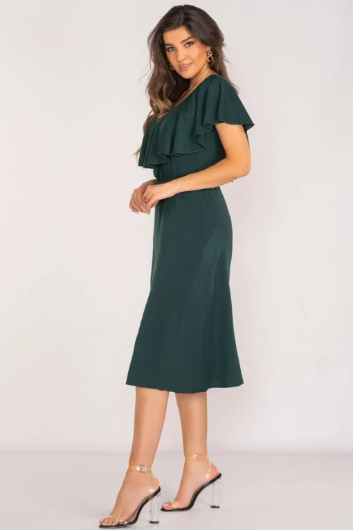 Elegancka sukienka z falbanką - butelkowa zieleń