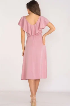 Elegancka sukienka z falbanką - brudno-różowa