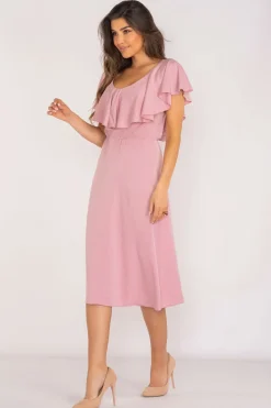 Elegancka sukienka z falbanką - brudno-różowa