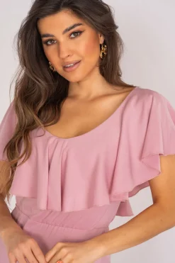 Elegancka sukienka z falbanką - brudno-różowa