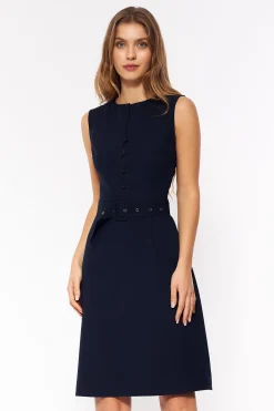Elegancka sukienka z paskiem bez rękawów - granatowa