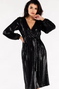 Elegancka sukienka z wiązaniem w pasie - czarna