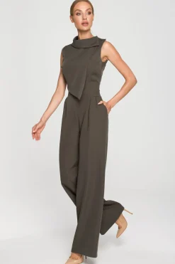 Elegancki kombinezon z szerokimi nogawkami - khaki