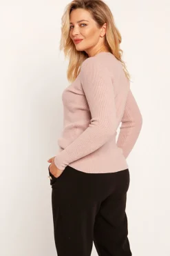 Klasyczny krótki sweter z dekoltem V - różowy