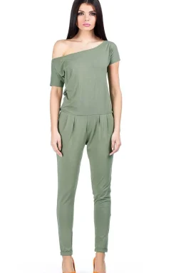 Kombinezon damski z krótkim rękawem - khaki