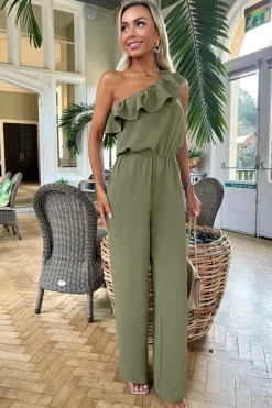 Kombinezon na jedno ramię z falbanką - khaki