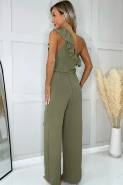 Kombinezon na jedno ramię z falbanką - khaki
