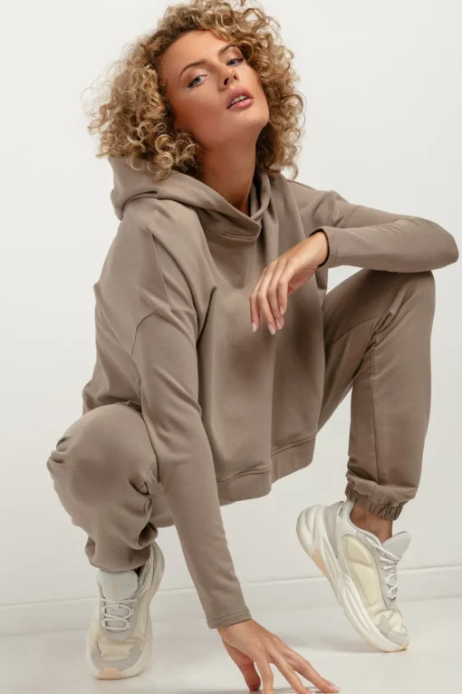 Krótka bluza damska z kapturem - cappuccino