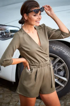 Krótki kombinezon z gumką w talii - khaki