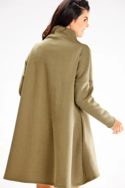 Luźna sukienka trapezowa z półgolfem - khaki