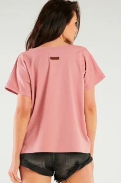 Obszerny t-shirt z dekoltem V - różowy