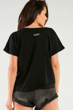 Obszerny t-shirt z dekoltem V - czarny