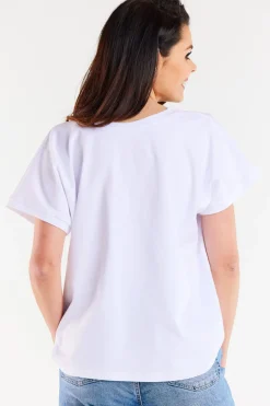 Obszerny t-shirt z dekoltem V - biały