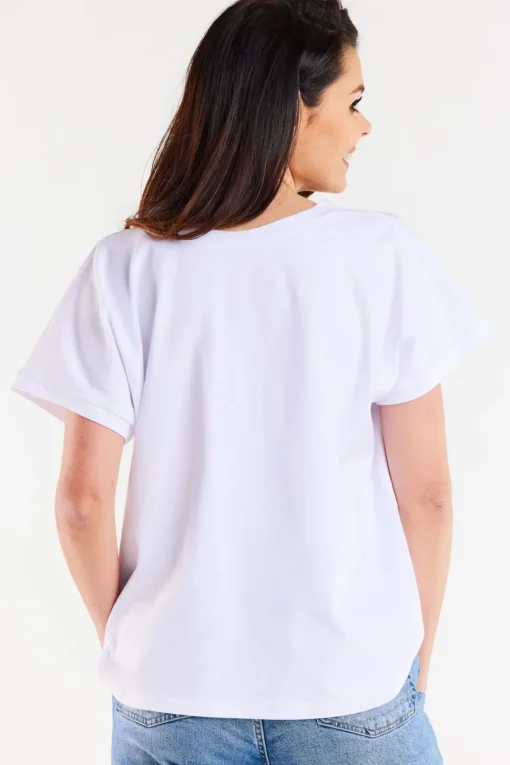 Obszerny t-shirt z dekoltem V - biały