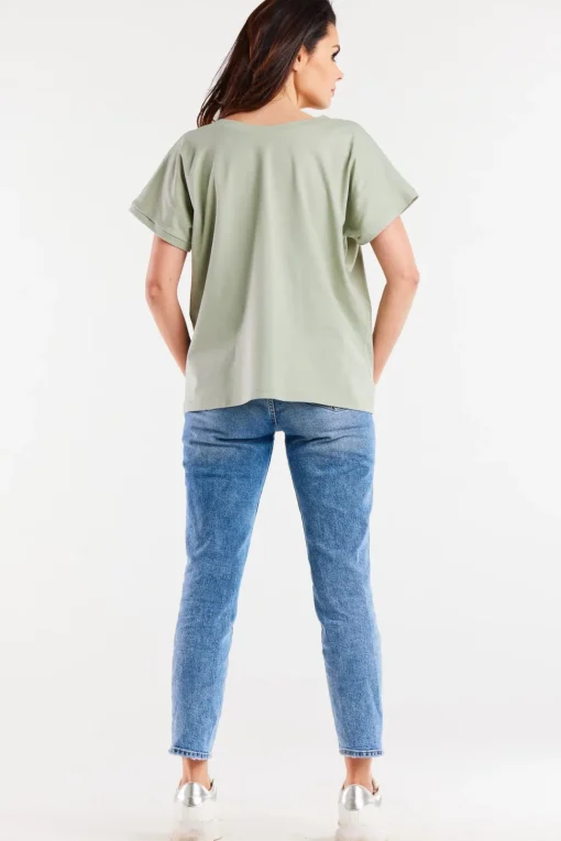 Obszerny t-shirt z dekoltem V - miętowy