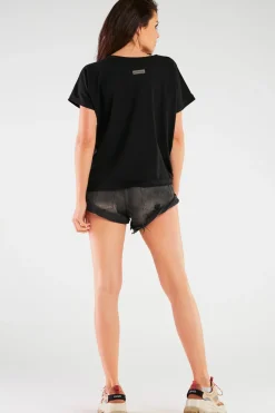 Obszerny t-shirt z dekoltem V - czarny