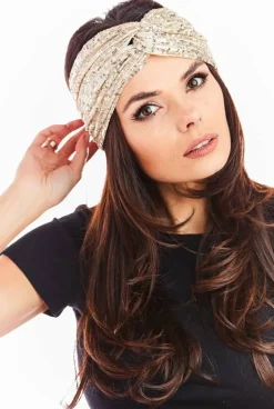 Opaska bandana na głowę - beżowa-cekiny