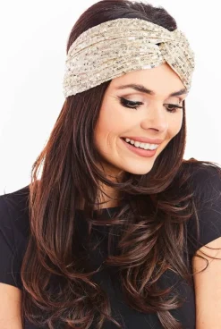 Opaska bandana na głowę - beżowa-cekiny