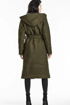 Płaszcz damski z kołnierzem szalowym i kapturem - khaki