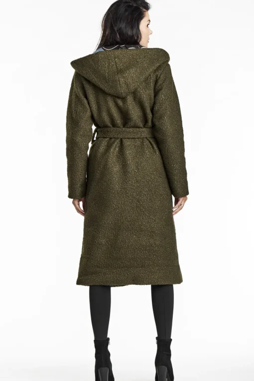 Płaszcz damski z kołnierzem szalowym i kapturem - khaki