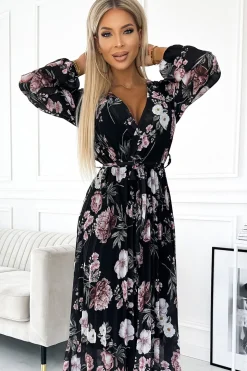 Plisowana sukienka maxi z wiązaniem w pasie - czarna w różowe kwiaty